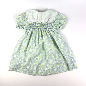 VTG Polly Flinders Smocked Floral Dress‎ Girls 4T Blue Embroidered Prairie Cttge